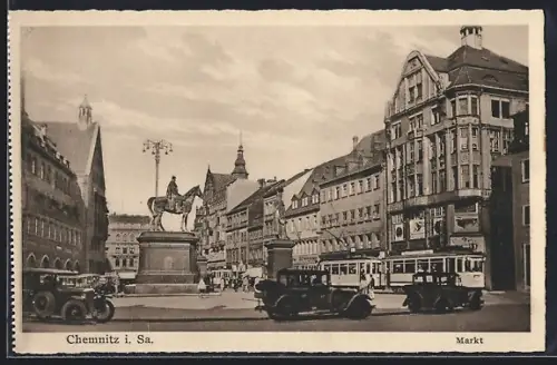 AK Chemnitz, Strassenbahn am Markt mit Denkmal