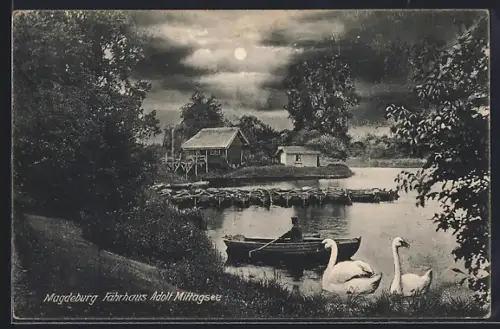AK Magdeburg, Fährhaus Adolf Mittagsee im Mondschein