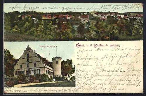 AK Oeslau b. Coburg, Panoramablick auf die Stadt, Schloss Rosenau