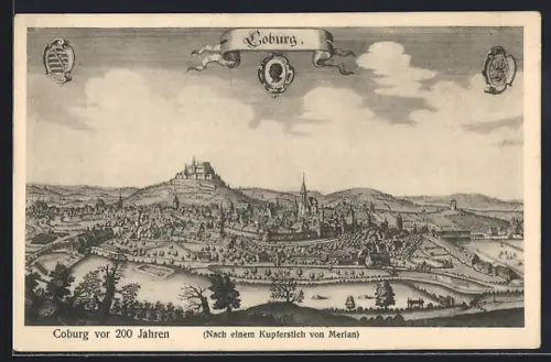 AK Coburg, Ansicht der Stadt nach Merian, Wappen