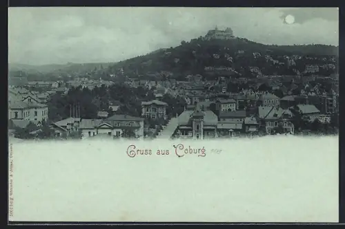 Mondschein-AK Coburg, Ortsansicht mit Veste Coburg