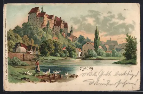 Lithographie Colditz, Ortsansicht mit Burg