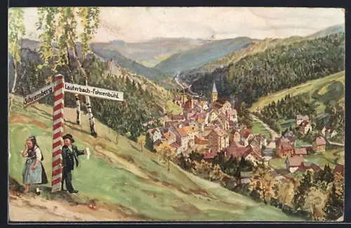 Künstler-AK Lauterbach / Schwarzwald, Panoramablick, Wegweiser Lauterbach-Fohrenbühl & Schramberg