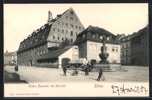 AK Zittau, Untere Neustadt m. Marstall und Brunnen