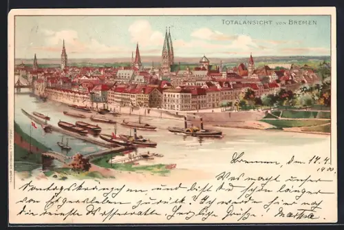 Lithographie Bremen, Totalansicht mit Weser und Dampfer