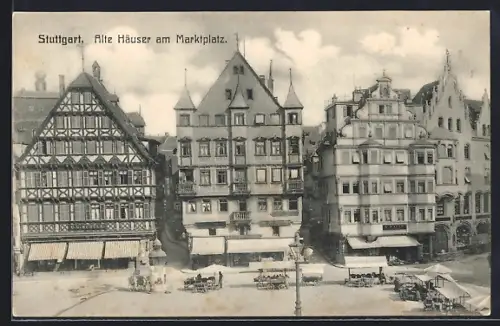 AK Stuttgart, alte Häuser am Marktplatz mit Marktständen