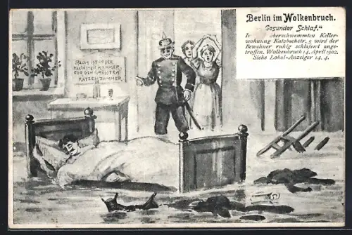 Künstler-AK Berlin-Kreuzberg, Wolkenbruch 1902, Gesunder Schlaf in der Katzbachstrasse 5