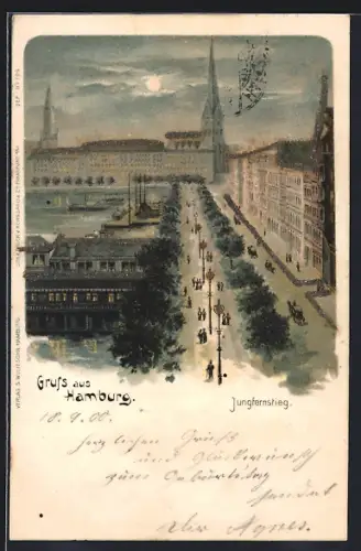 Künstler-Lithographie Hamburg- Neustadt, Blick zur Kirche, Jungfernsteig