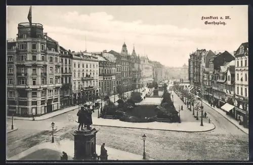 AK Frankfurt a. M., Goetheplatz mit Geschäften und Denkmälern