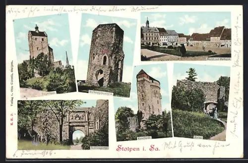 AK Stolpen i. Sa., Markt mit Rathaus, Seigerturm, Siebenspitzenturm, Schlossportal, Koselturm