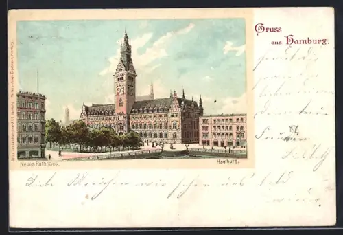 Lithographie Hamburg, Partie am neuen Rathaus