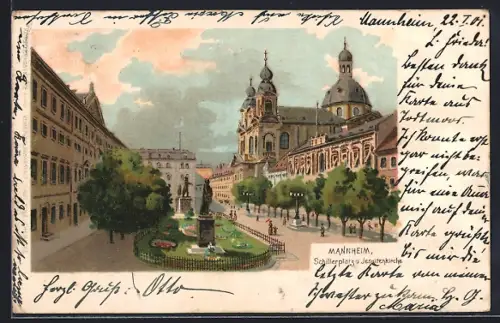 AK Mannheim, Strassenpartie am Schillerplatz mit Jesuitenkirche