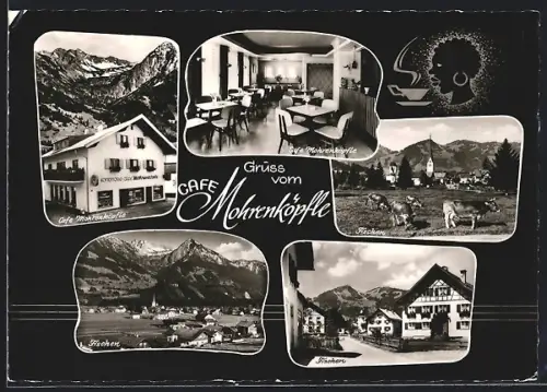 AK Fischen /Allgäu, Cafe Mohrenköpfle mit Ortschaft und Kühen auf der Weide