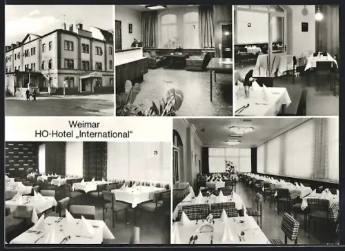 AK Weimar / Thüringen, Hotel International, Gesamtansicht, Weinzimmer und Saal