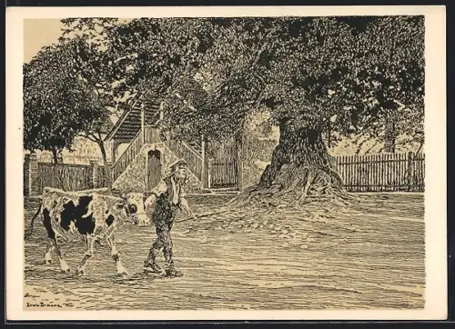 Künstler-AK Eichelborn, Kirchplatz mit Bauern mit Kuh