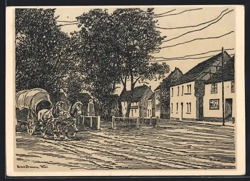 Künstler-AK Neumark / Sachsen, Strassenpartie am Markplatz mit Pferdewagen