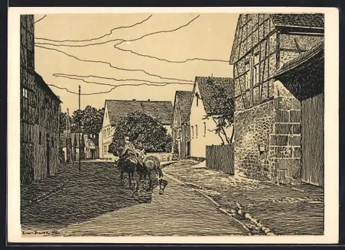 Künstler-AK Ulla, Partie der Dorfstrasse mit Reiter und 2 Pferden