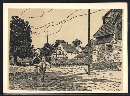 Künstler-AK Vippachedelhausen, Dorfplatz mit Bauern mit Sense