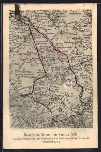 AK Königstein / Taunus, Kaiserpreis-Rennen 1907, Landkarte mit Streckenzeichnung