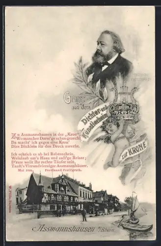 AK Assmannshausen a. Rhein, Strassenpartie mit Hotel-Dichter- und Künstlerheim zur Krone
