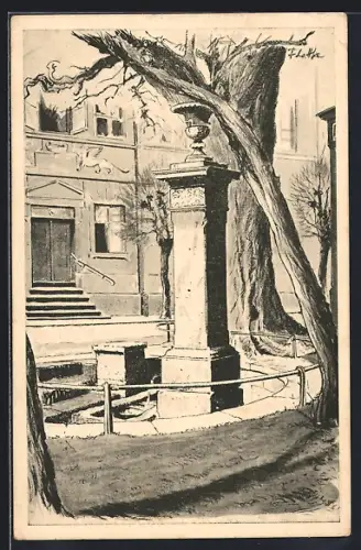 Künstler-AK Weimar / Thüringen, Brunnen hinter dem Theater