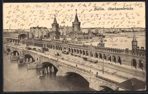 AK Berlin-Friedrichshain, Oberbaumbrücke mit U-Bahn