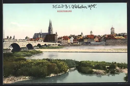 AK Regensburg, Blick auf den Ort über den Fluss gesehen