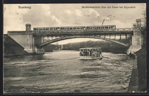 AK Hamburg-Harvestehude, Hochbahnbrücke über die Alster