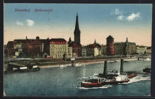 AK Düsseldorf, Rheinansicht mit Dampfer