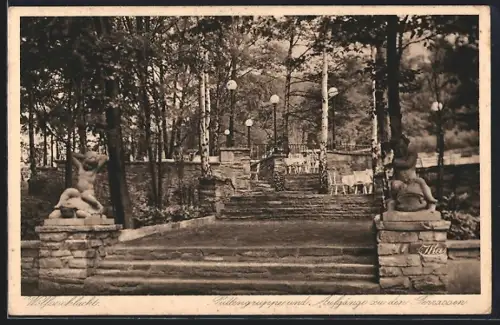 AK Duisburg-Grafenberg, Gasthaus Wolfsschlucht, Puttengruppe und Aufgänge zu den Terrassen