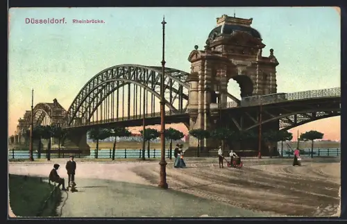 AK Düsseldorf, Die Rheinbrücke in der Abendröte