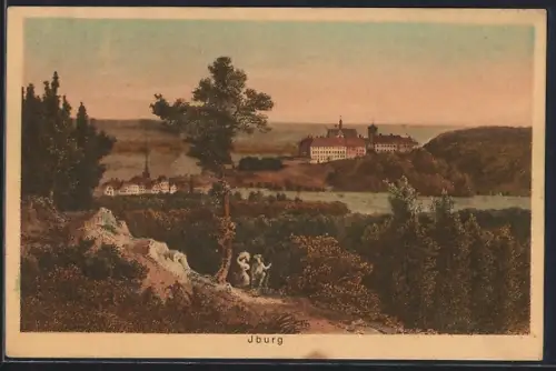 AK Bad Iburg, Paar beim Spaziergang im Hintergrund die Schlossanlage