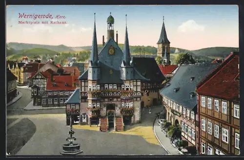 AK Wernigerode (Harz), Marktplatz mit Rathaus
