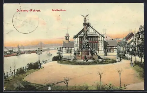 AK Duisburg-Ruhrort, Schifferbörse mit Hafen und Ruhr