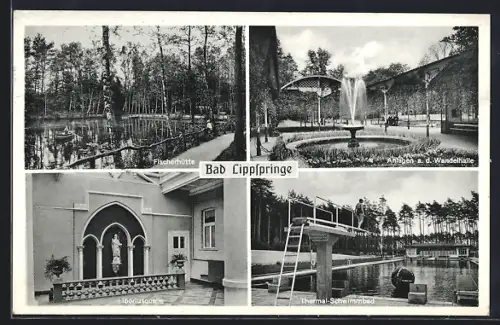 AK Bad Lippspringe, Partien im Ort mit Fischerhütte, Anlagen a. d. Wandelhalle und Liboriusquelle