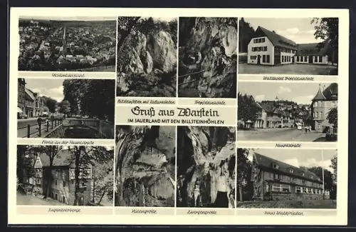 AK Warstein, Ortspartien mit Hauptstrasse, Hotel Tropfsteinhöhle und Zwergengrotte