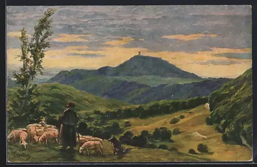 Künstler-AK Rossberg, Schafhirte mit Schafen