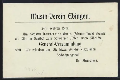AK Ebingen, Einladung General-Versammlung Gasthof Schwarzer Adler