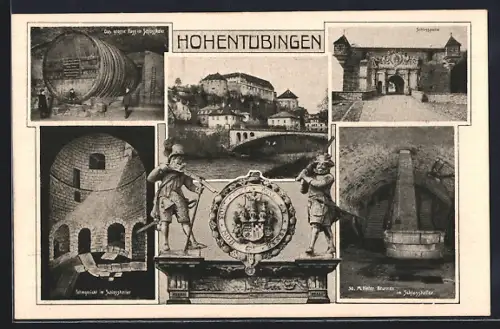 AK Tübingen, Schlossportal, Grosses Fass im Schlosskeller, tiefer Brunnen im Schlosskeller