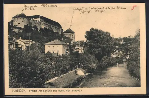 AK Tübingen, Partie am Neckar mit Blick auf Schloss