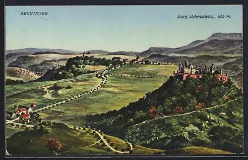 Künstler-AK Hechingen, Panorama-Ansicht mit Burg Hohenzollern