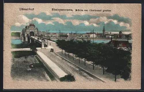 AK Düsseldorf, Rheinpanorama, Brücke von Oberkassel gesehen