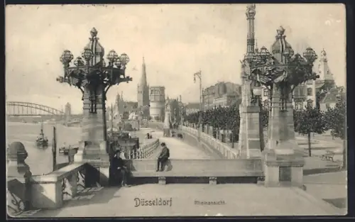 AK Düsseldorf, Rheinufer mit pompöser steinerner Bank