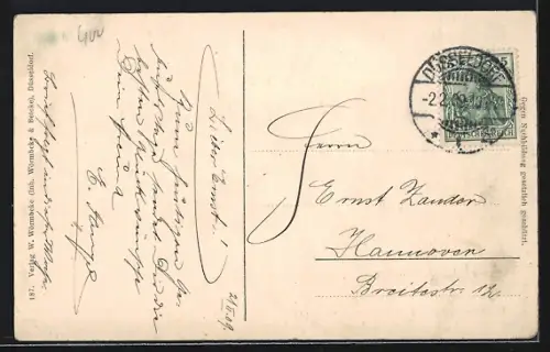 AK Düsseldorf, Rheinufer mit pompöser steinerner Bank