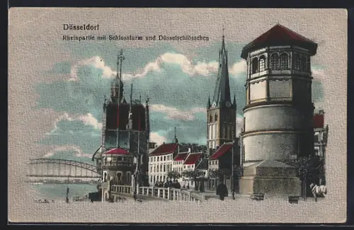 AK Düsseldorf, Rheinpartie mit Schlossturm und Düsselschlösschen