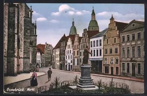 AK Osnabrück, Markt mit Geschäften und Denkmal