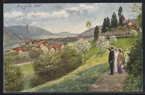 Künstler-AK Heinrich Hoffmann: Rümmelbacherhof mit Neckargemünd und Dilsberg