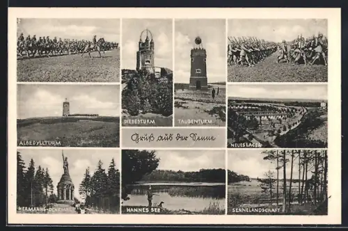AK Senne, Diebesturm, Taubenturm, Hermann-Denkmal, Hannes See, Sennelandschaft, neues Lager
