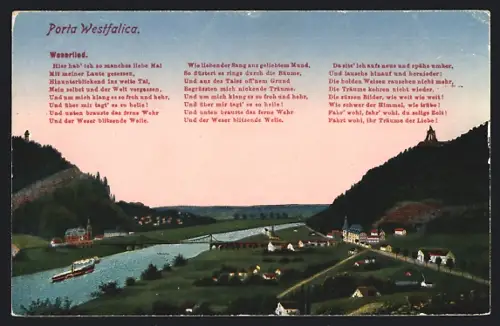 AK Porta Westfalica, Teilansicht mit Flusspartie, Weserlied