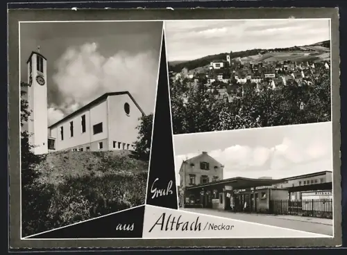 AK Altbach /Neckar, Ortsansicht, Bahnhof und Kirche
